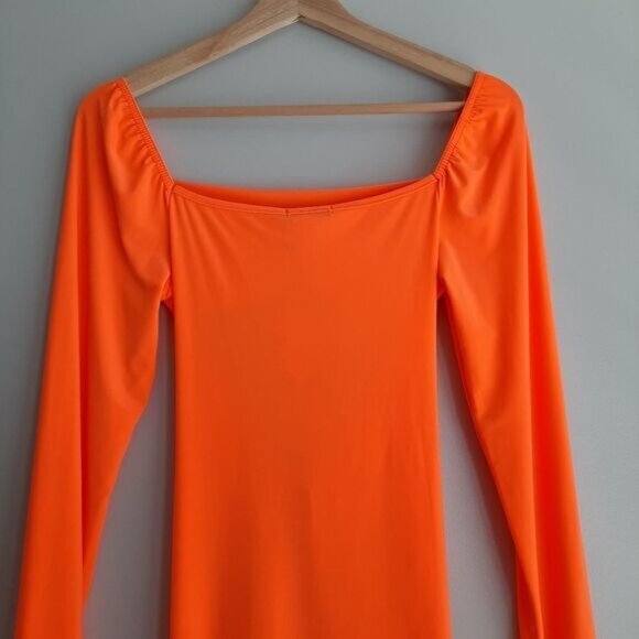 BOOHOO Cut-out Ruched Long Sleeve Mini Dress Orange Sz 8 Flawed - Picture 10 of 14